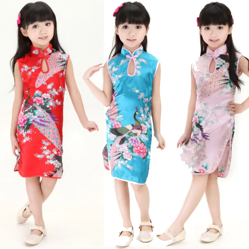 Cheongsam Kleid Baby Mädchen Qipao Sommer Kleidung Pfau Ärmelloses Schlankes Traditionelles Kleid Kind Mädchen Kleidung Chinesischen Stil Image