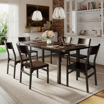 7 Pieces Dining Table & Chairs Set for 4-6, 63" Extendable Kitchen Table and 6 Chairs, Dining Room