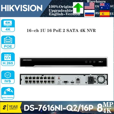 Original Hikvision 4k 8mp 16CH POE DS-7616NI-Q2/16P NVR Two Way Audio Network Video Recorder