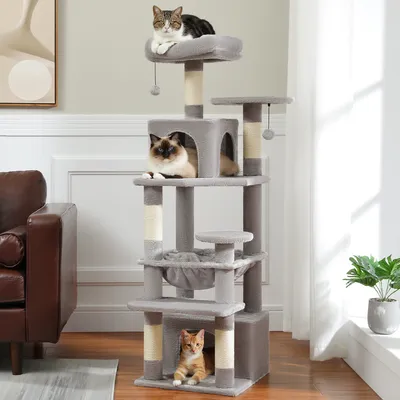 6-levels Safe and Stable Cat Tree with Soft Hammock,Dual Condos,Double Top Perches,5 Scratching