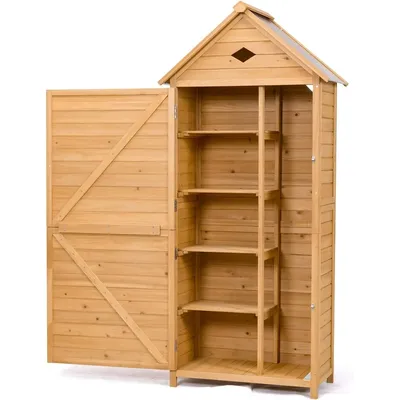 Outdoor Storage Shed for Garden Tools, Wooden Patio Shed with Gable Roof and Metal Latches