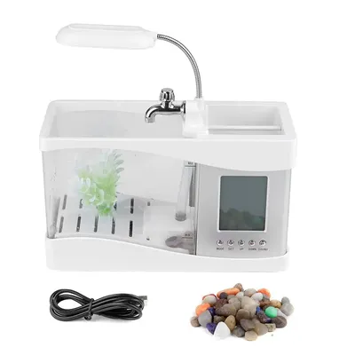 USB Mini Fish Aquarium with LED Light & LCD Clock Display - Black/White Table Decor for Home or