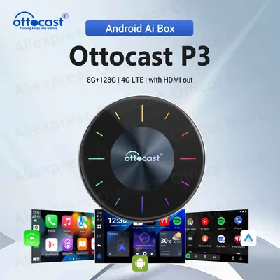 OTTOCAST P3 Android AI Box Wireless CarPlay Android Auto 128GB TV Box for HDMI Output Car