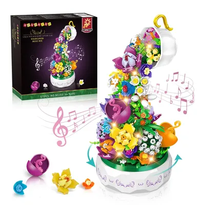 HOGOKIDS Flowers Music Box Building Block Kit with Light- 571pcs Deco Rotating Music Box Botanical