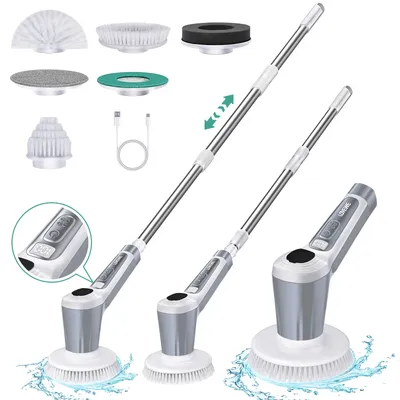 Electric Spin Scrubber, Cordless 4500mAh with Spray, Adjustable Handle, 6 Brush Heads, 2 Speeds, for