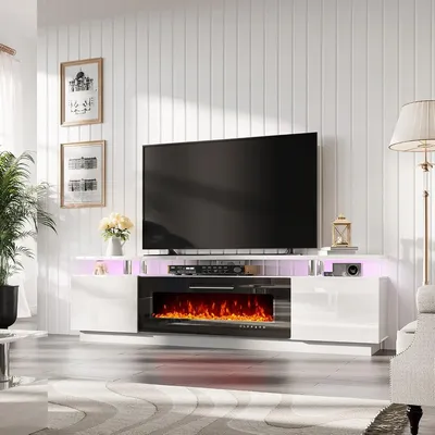 AMERLIFE Fireplace TV Stand with 40" Fireplace, 80" Modern High Gloss Fireplace Entertainment Center