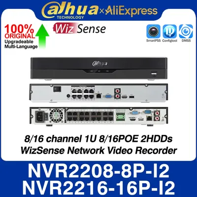 Dahua NVR2208-8P-I2 NVR2216-16P-I2 8/16 Channel 1U 8/16PoE 2HDDs WizSense Network Video Recorder AI