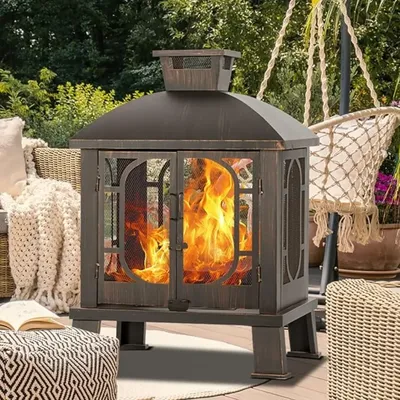 45" H×31''W Metal Chiminea Fire Pit with Grill Wood Burning Fire Pits for Outside with Mesh Spark