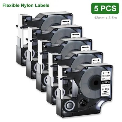 5PK 12mm Flexible Nylon Labels Compatible for Dymo A18488 Black on White Label Tape for DYMO ILP 219