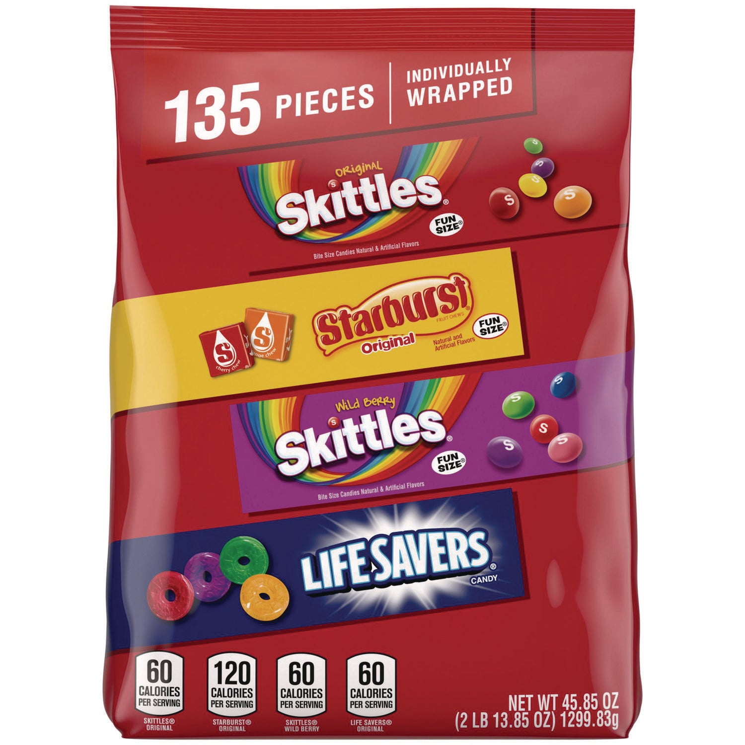 MARS Skittles, Starburst and Life Savers Fun Size Fruity Candy Assortment, 45.85 oz Bag, 135 Pieces, Individually Wrapped (SKT29689) Each Candy, Gum &