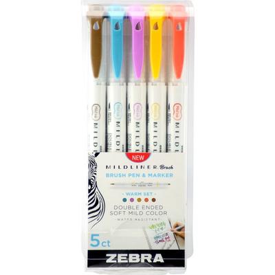 Zebra Mildliner Brush Pen & Marker Set - Fine Marker Point - Brush Marker Point Style - Gold Pigment-based, Magenta, Brown, Vermillion, Smoke Blue Ink