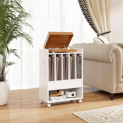 Stylish Rolling Record Player Stand with Drawer and Vinyl Storage - 20.5" x 11.5" x 29"