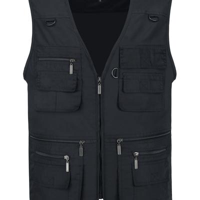 TEMU Plus Size Men's Casual Zip-up Vest With Multiple Pockets - Lightweight, Breathable Polyester For Outdoor Activities Like Fishing, Hunting & Photography, , Plus Size