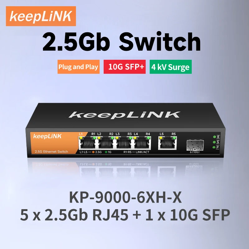 KeepLiNK Switch multi-Gigabit 6 ports avec ports Ethernet 5-2,5 Gbit/s et liaison montante SFP+ 1-10 Gbit/s
