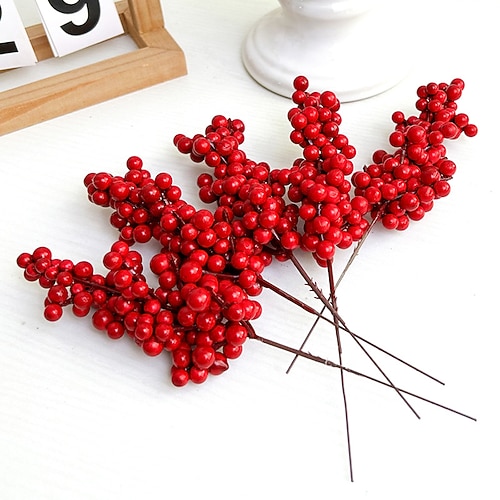 12 stücke neue jahr der holly reichtum rot obst simulation gefälschte blume weihnachten dekoration eimer diy zubehör red berry string Image