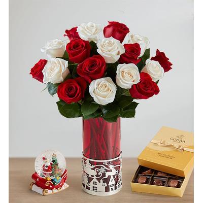 1-800-Flowers Flower Delivery Peppermint Rose Bouquet 18 Stems W/ Santa Vase, Snow Globe & Godiva Chocolate