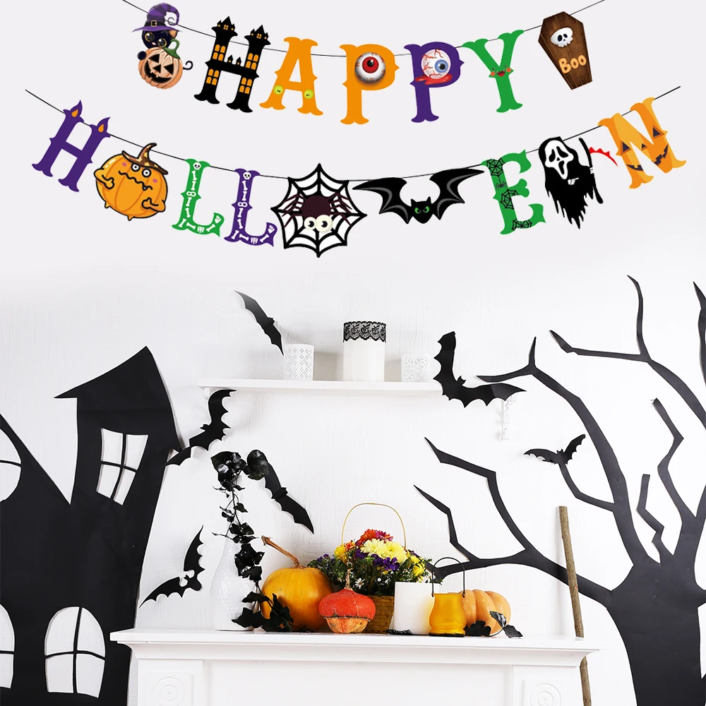 1 Satz Halloween hängende Banner Ammer Kürbis Geist Fledermaus Papier Banner Hintergrund Ornamente Halloween Terror Party Dekoration Image