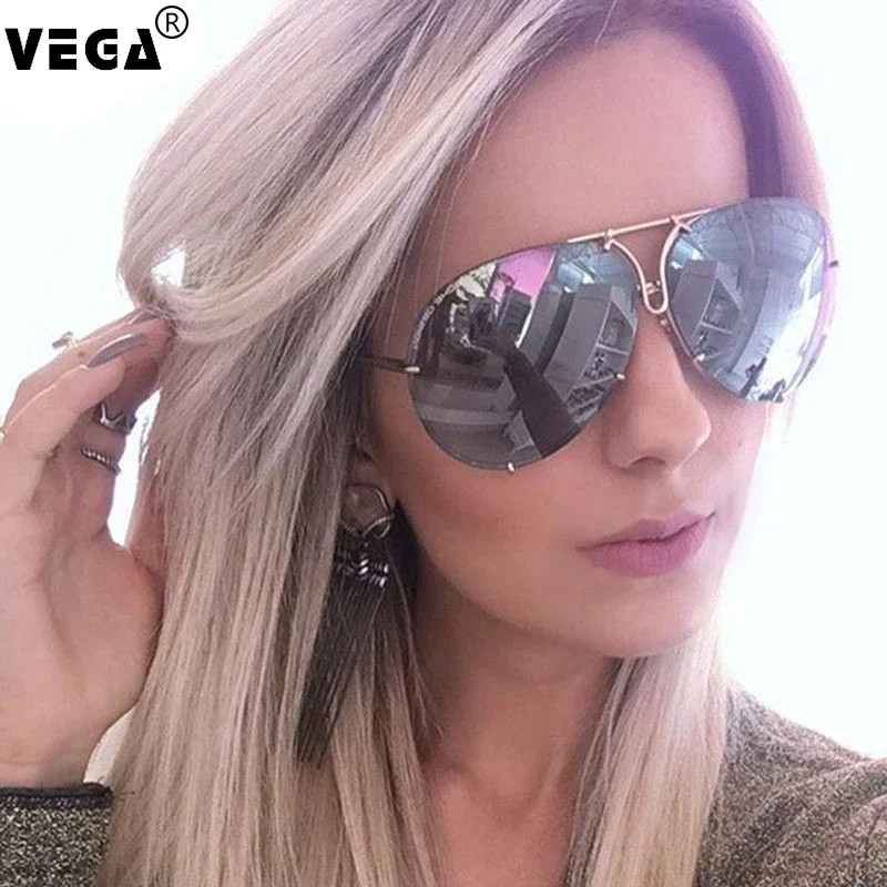 VEGA Damen Große Sonnenbrille Frauen Große Luftfahrt Brille Weibliche Übergroße Brillen Oversize Sonnenbrille Frauen Randlose Brillen VG06 Image