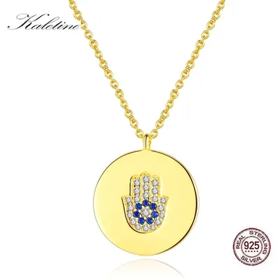 KALETINE Echt 925 Sterling Silber Frauen Bösen blick Halskette Frauen Hand Hamsa CZ Runde Anhänger