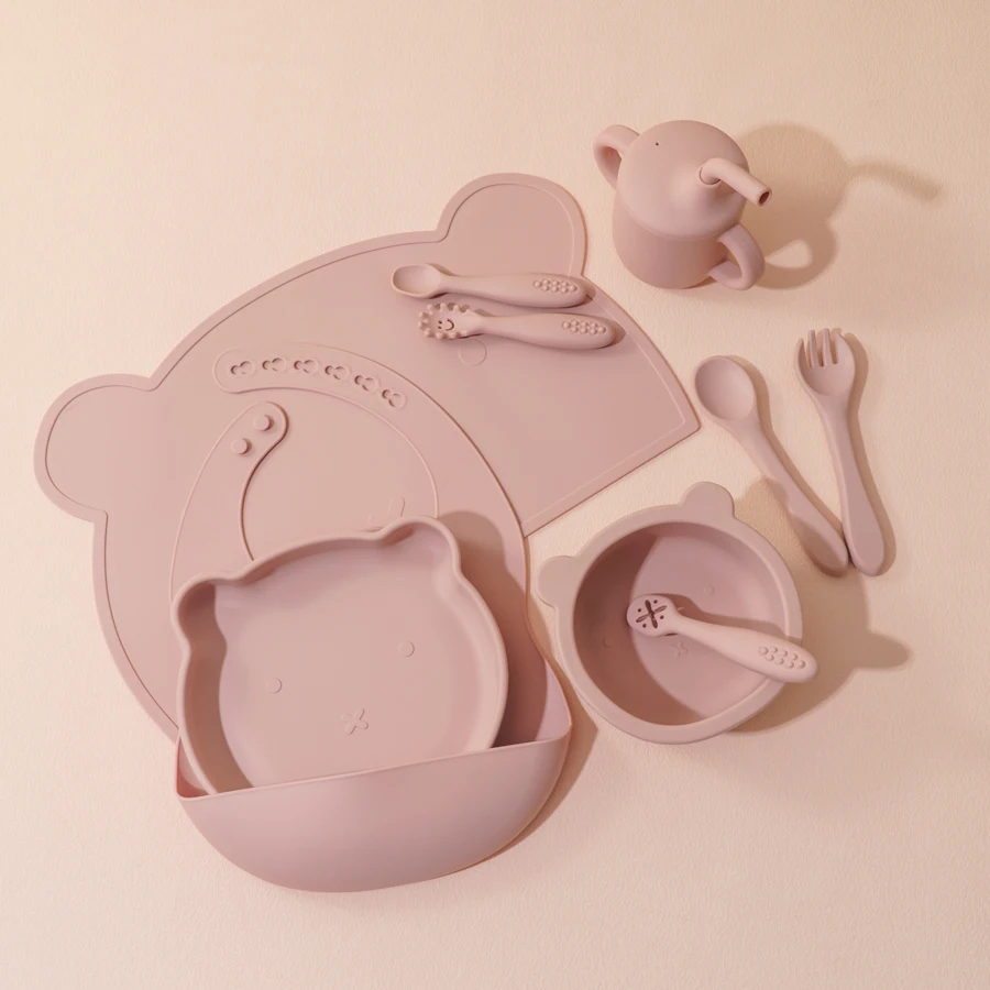 8 Stück Silikon Baby Fütterung sset verstellbare Lätzchen Cartoon Bär Feeidng Geschirr Teller Sauger Schüssel Tasse Besteck Kinder geschirr