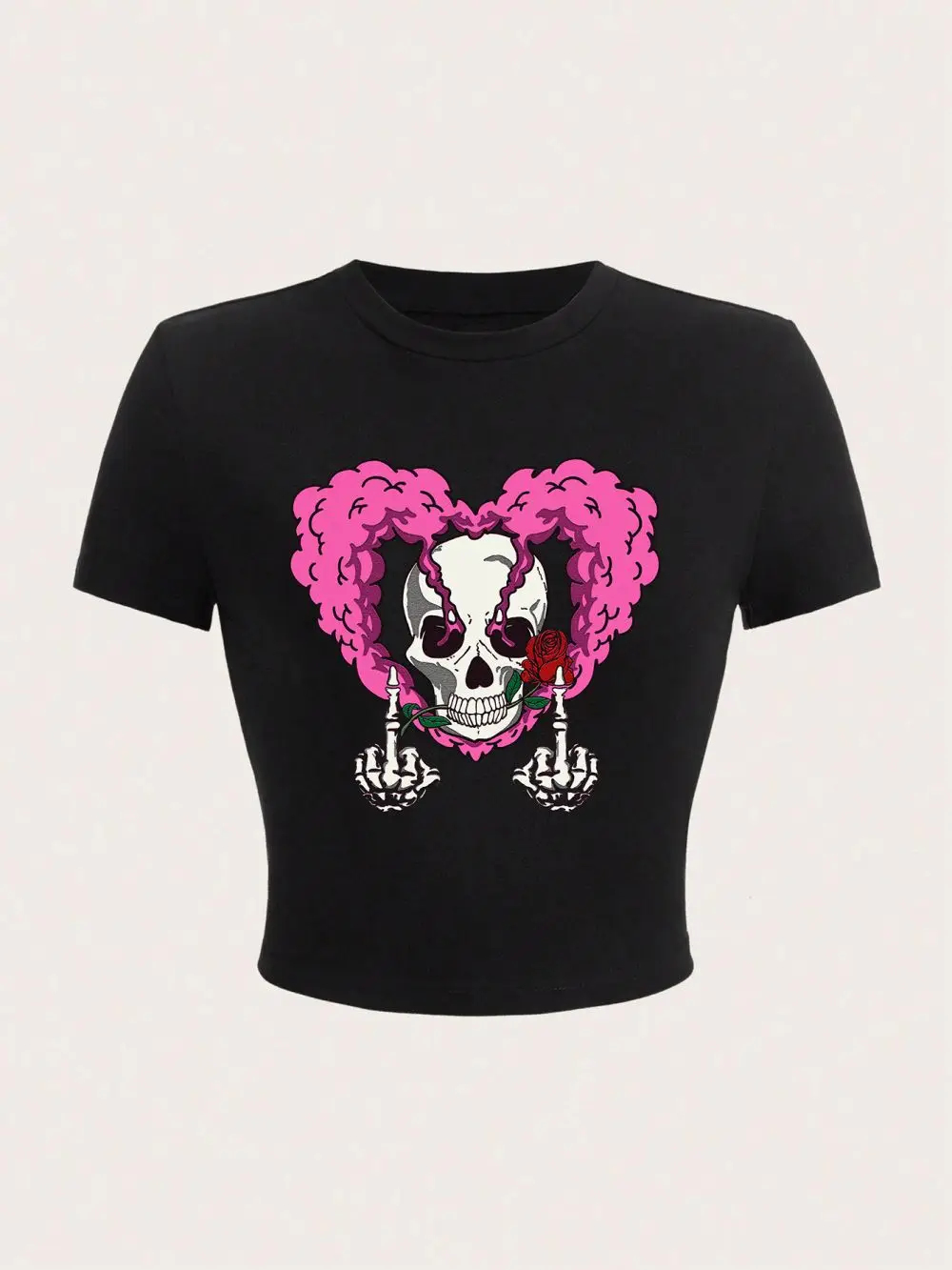 Vintage Rosa Herz Schädel Design Druck Crop Top Sommer Mode Straße Weibliche T-Shirt Stretch Weiche Bequeme Frau Kleidung