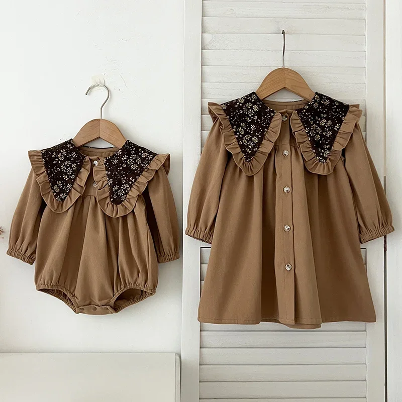 Neue Schwester Kleidung Herbst Kleinkind Baby Mädchen Party kleid lang ärmel ige Vintage Blume Kleinkind Baby Body suits Kinder Prinzessin Kleid Image