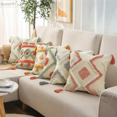 Grün Rosa Stickerei Kissenbezug Quasten Home Decor Kissenbezug 45x45cm Geometrische Sofa Kissenbezug Image