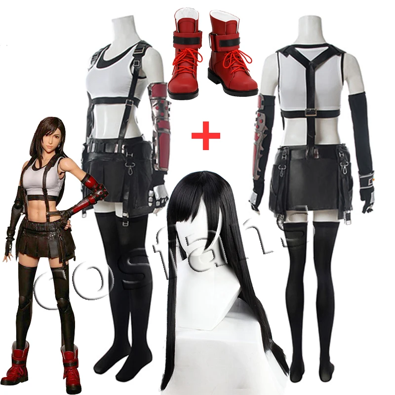 Final Fantasy VII Tifa Cosplay Tifa Lockhart Cosplay Kostüm Frauen Mädchen Outfit Sport Weste Rock FF7 Tifa Lockhart Perücke Halloween Image
