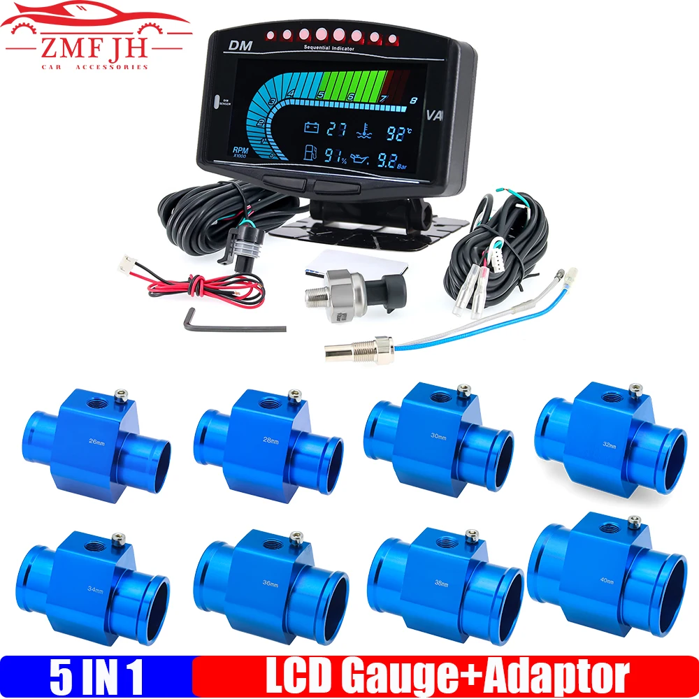 8000 U/min Drehzahl messer Kraftstoffs tand Ölpresse Voltmeter Wasser temperatur anzeige mit Aaptor Sensor 26mm-40mm 5 in 1 LCD-Anzeige 12 v24v Image