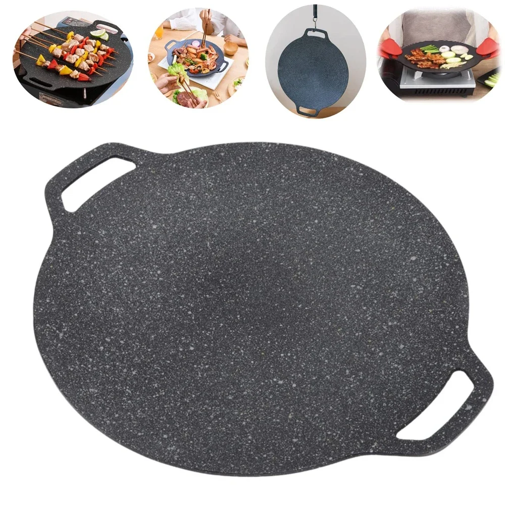1pc BBQ grill pan Medizinische stein Beschichtung Nicht-stick Marmor Camping Runde Bratpfanne mit Griff für Backen Grill BBQ Image