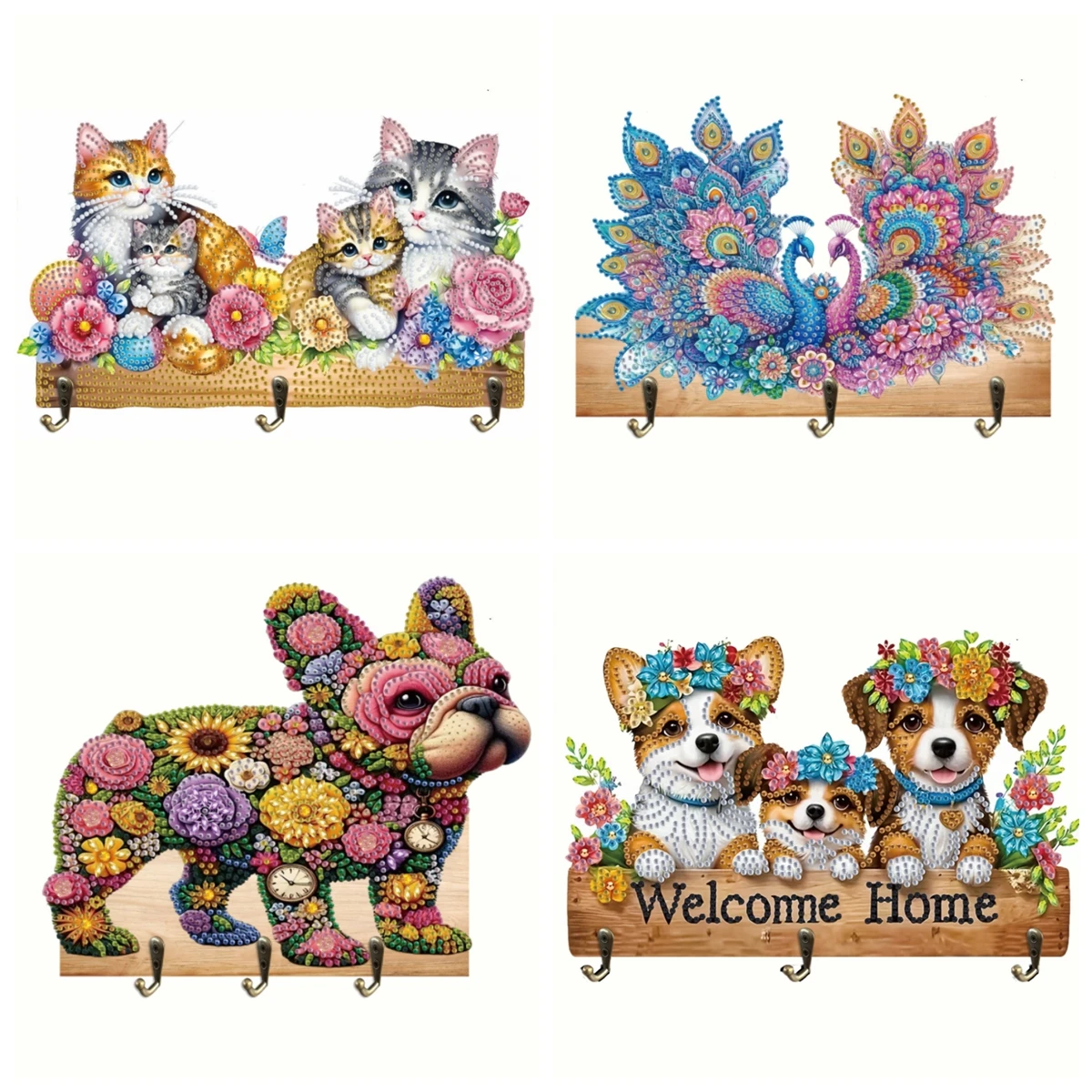1 teil/satz DIY Hunde Diamant Kunst Wand Haken zum Aufhängen Wand Montiert Holz Garderobe mit 3 Haken Diamant Malerei schlüssel Haken
