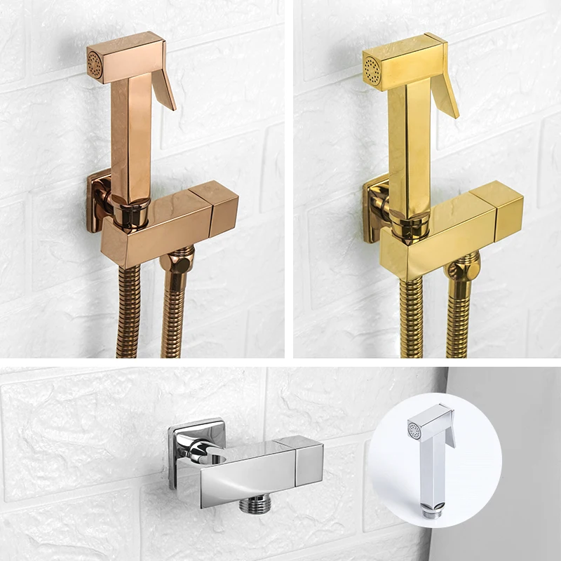 Solide Messing Quadrat Schwarz Bidet Sprayer Bad Wc Handheld Dusche Bidet Set Wand Montiert Wasserhahn Halter Grau Gebürstet Gold