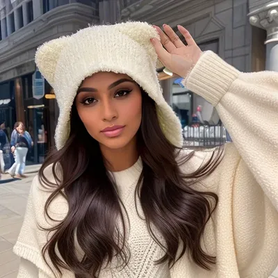Winter Plüsch Hut Für Frauen Harajuku y2k Nette Bär Ohr Wolle Spitze-up Hut Warme Ohr Kappe Gestrickte Bomber bonnets Image