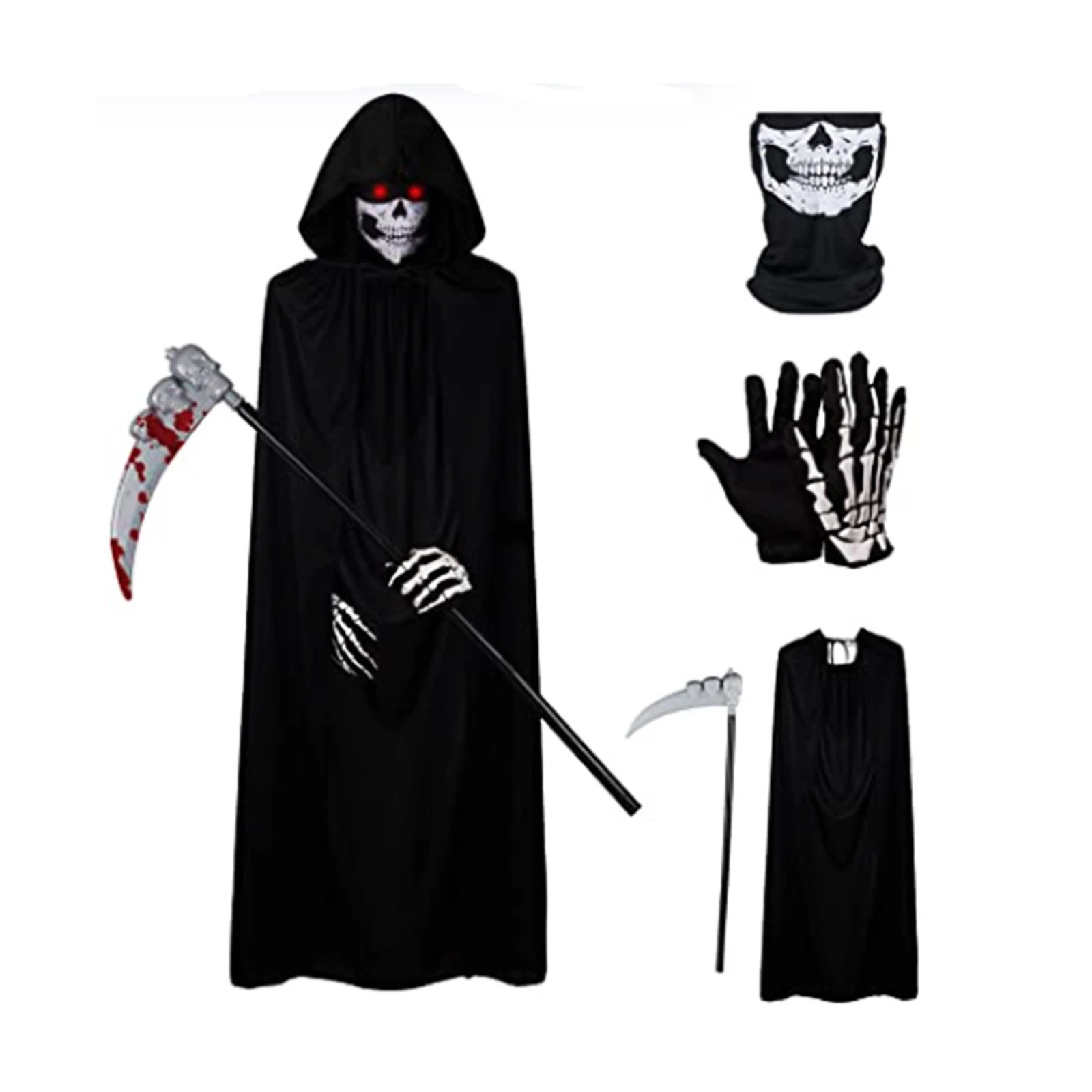 Halloween Reaper Kostüm Für Erwachsene Deluxe Mit Kapuze Mantel + Schädel Hals Gamasche + Handschuhe + Scythe Set Heißer Verkauf Vier-stück Set Image