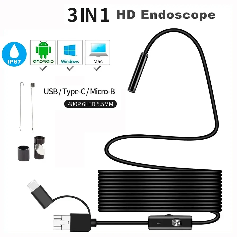 5,5mm Android Endoskop Kamera 3 in1 Micro USB Typ C Endoskop Mini Kamera wasserdicht LED Auto Inspektion für Huawei Xiaomi PC Image