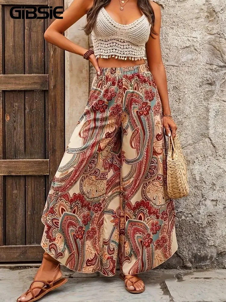 Gibsie Plus Size Bohemian Paisley Print Culottes Frauen Hosen Sommer Strand Urlaub elastische Taille lässig weites Bein Hosen Image