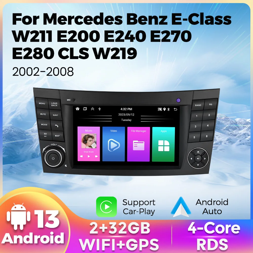 Android 13 Autoradio Wireless Carplay GPS Navigation für Mercedes Benz E-Klasse W211 E200 E220 E300 E350 E240 E280 Cls Klasse W219 Auto GPS Multimedia Radio, 8-Kern DSP ohne DVD Player, 2Din Stereo Image