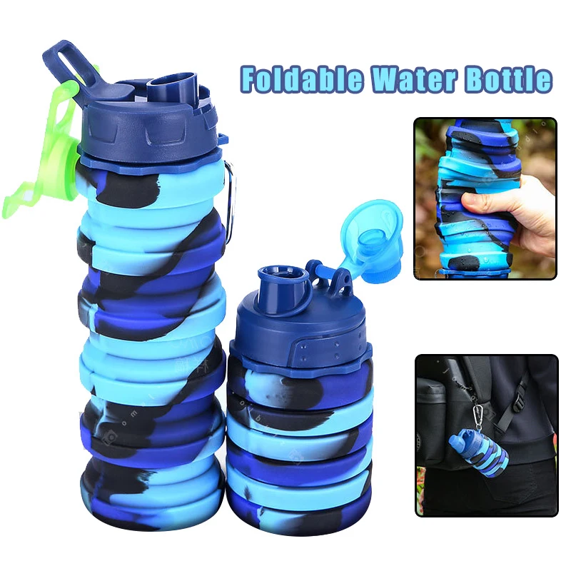 Zusammen klappbare Silikon wasser flasche faltbare Sport wasser becher mit Karabiner-Fitness kessel tragbar im Freien Reise trinkbecher Image