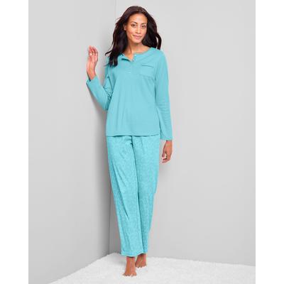 Appleseeds Women's Lace-Print Knit Henley Pajamas - Blue - L - Misses