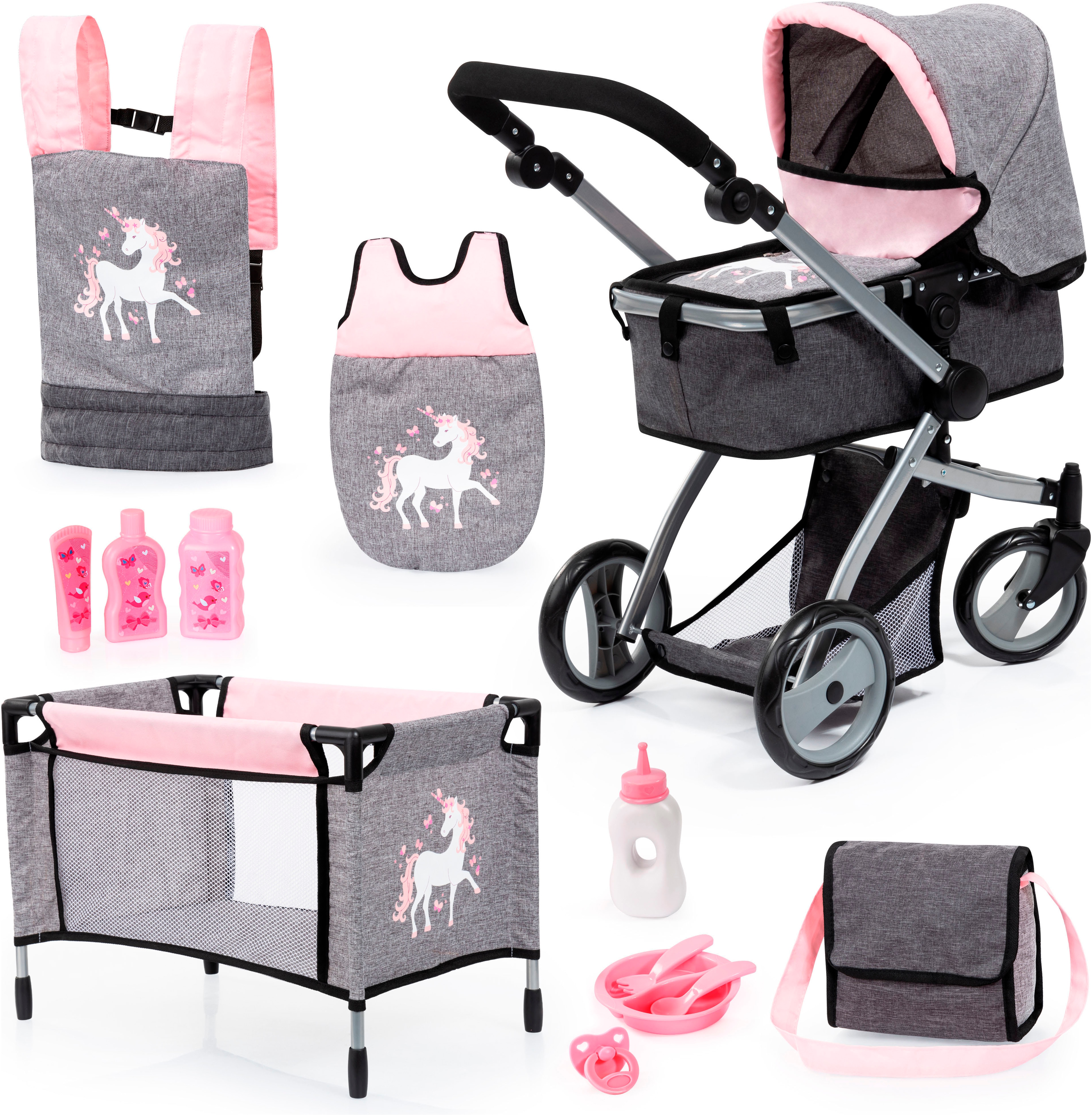 Puppenwagen BAYER "Mega grau/rosa", rosa (grau, rosa einhorn), Puppenwagen, KinderB:36cm H:72cm T:70cm, Kunststoff, Metall, Stoff, mit Reisebett, Schlafsack, Wickeltasche und Zubehör, B:36cm H:72cm T:70cm