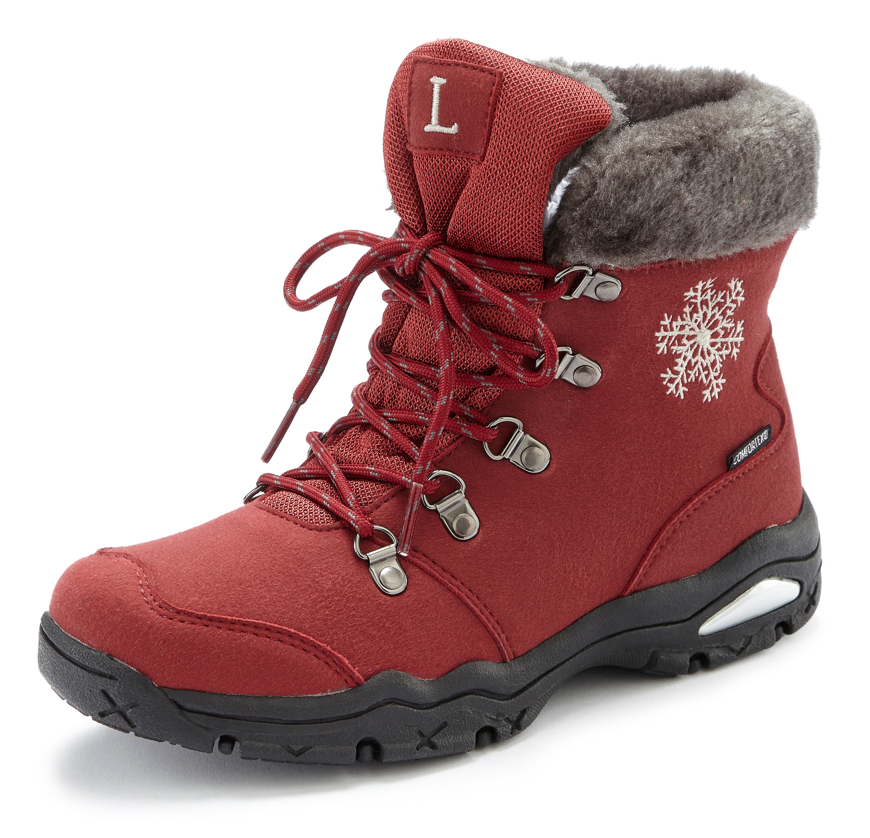 Winterstiefelette LASCANA, Damen, Gr. 42, rot (dunkelrot), Obermaterial: 100% Synthetik. Futter: 100% Polyester. Decksohle: 100% Polyester. Laufsohle: 100% Synthetik, gemustert, Schuhe, Stiefelette,Stiefel,Winterstiefel wind-& wasserabweisender...