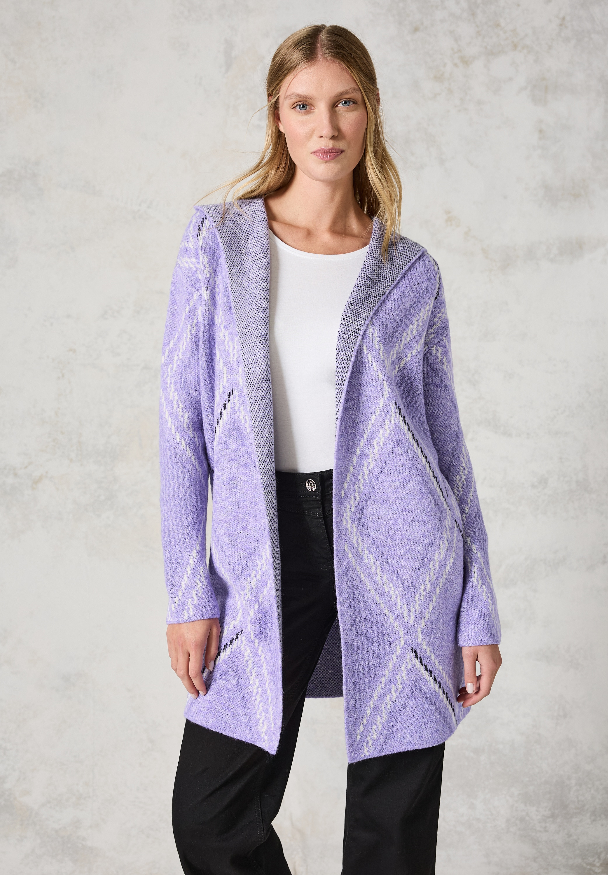 Cardigan CECIL, Damen, Gr. M (40), lila (lila melange), Stoff, 42% Polyacryl, 31% Polyester, 27% Baumwolle, bedruckt, normal kniefrei, ohne Ausschnitt, Bündchen, Strickjacken, mit grafischem Muster