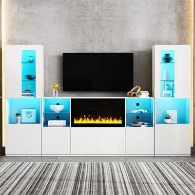Modern TV Stand with 34.2" Non-heating Electric Fireplace,Media Console with Tempered Glass Shelves for TVs up to 75"