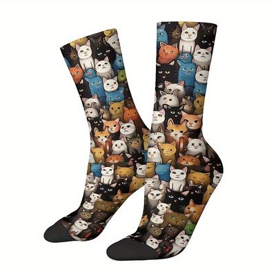 TEMU Cat Pattern 1 Pair Men's Mid-calf Crew Socks, Comfy Casual Sports Socks For Basketball Running