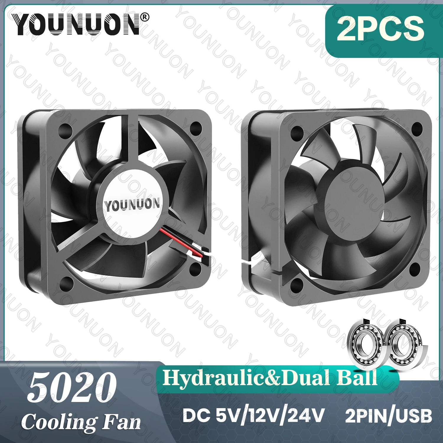 Ventilateur de refroidissement Axial sans balais, 2 pièces, 50mm, 5cm, 50x50x20mm, cc, 5V/12V/24, pour boîtier de PC