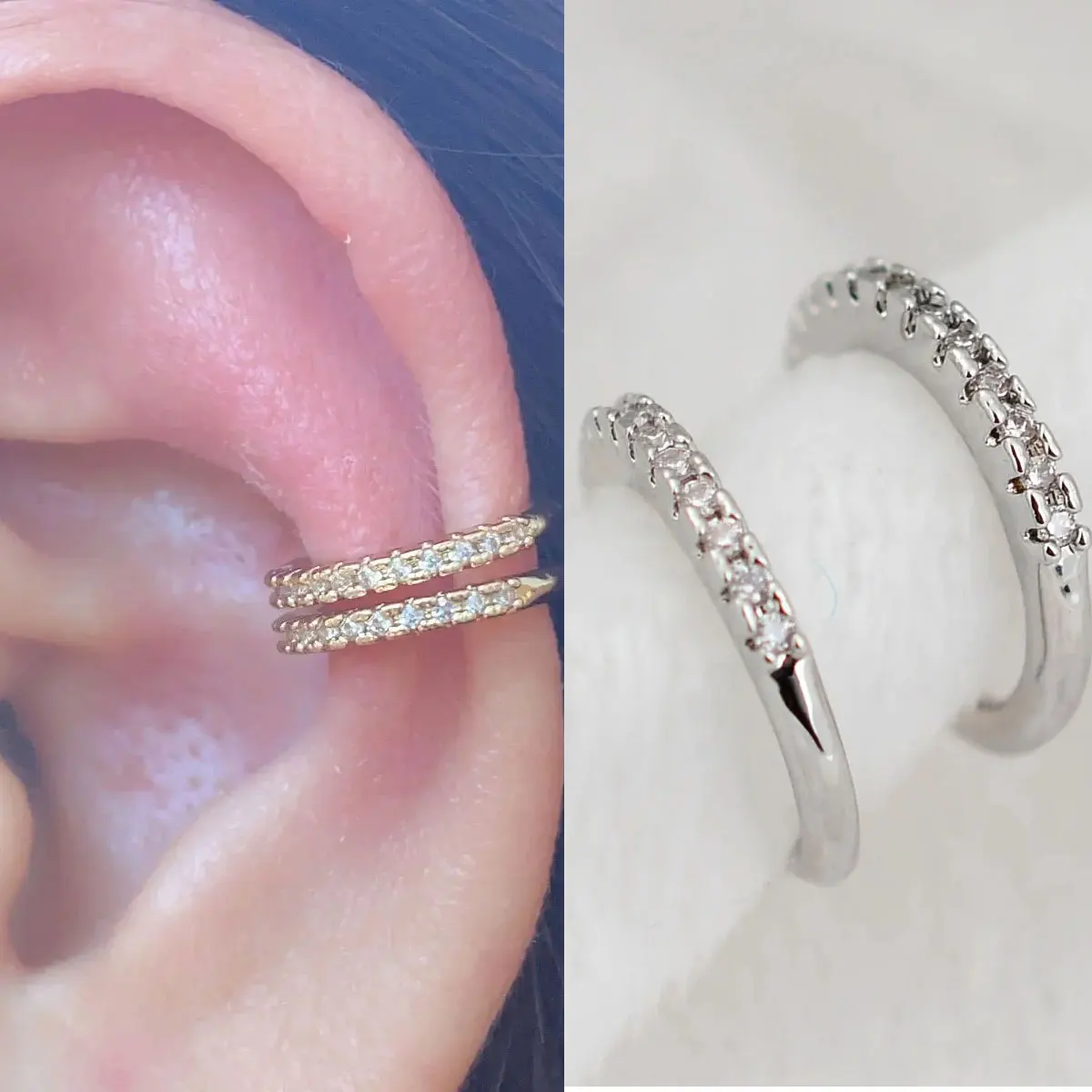 Minimalistische silberfarbene Zirkon-Clip-Ohrringe für Frauen, C-förmige Ohrstulpe ohne Piercing, gefälschter Knorpel-Schmuck, Ohrring-Stapel Image