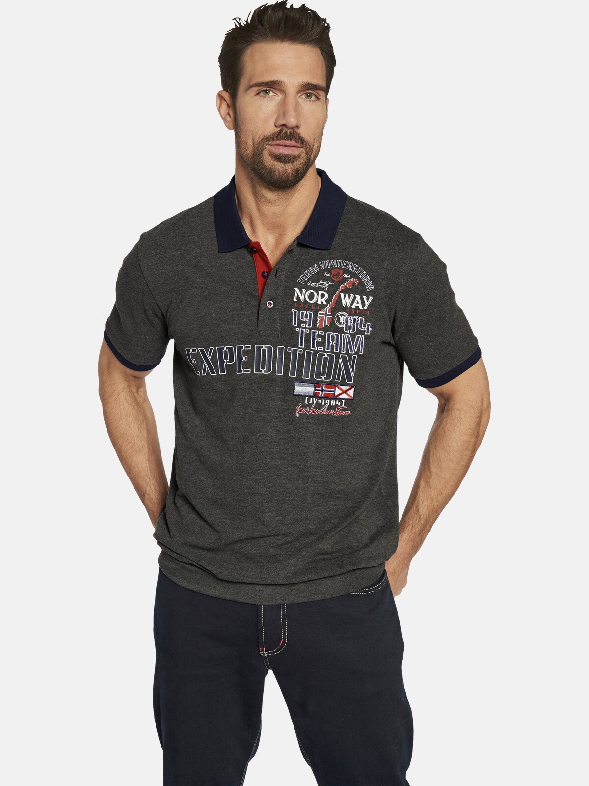 Poloshirt JAN VANDERSTORM "Poloshirt ERLING", Damen, Gr. L, grau (dunkelgrau melange), Obermaterial: 60% Baumwolle CO. 40% Polyester COOLMAX PES(Coolmax)., Shirts