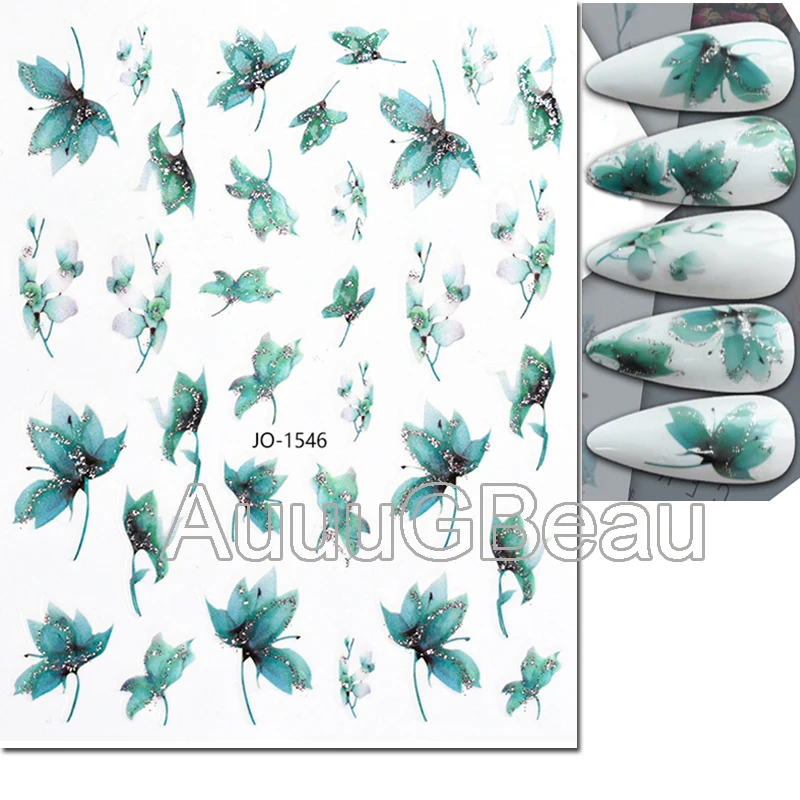Nail art Decals Glitters Grün Lila Grau Blumen Aquarell Blumen Zurück Kleber Nagel Aufkleber Dekoration Für Nagel Tipps Schönheit Image