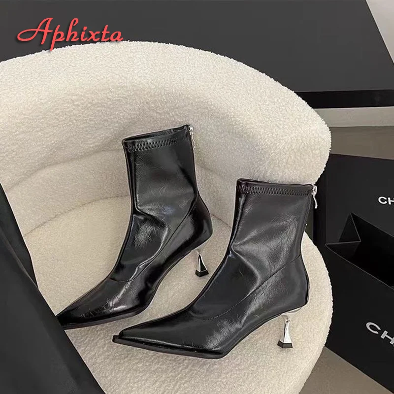 Aphixta Schwarz Zurück Zipper Sexy Frauen Stiefeletten Spike Ferse Spitz Dame Schuhe Schuhe Frauen zapatos mujer 2025, tendencia