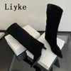Liyke 2025 Neue Sexy Spitz Kniehohe Stiefel Frauen Herbst Winter Niedrigen Dünnen Absätzen Pumpen Gemütliche Damen Party Lange Schuhe größe 35-40